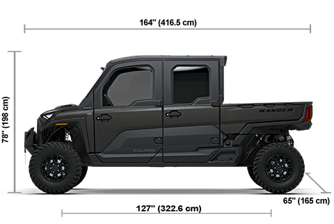 Side view of the Super Graphite 2027 Polaris RANGER CREW XD 1500 NorthStar Premium with height, width and length dimensions.