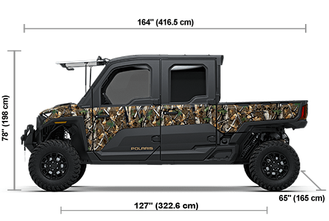 Side view of the Polaris Pursuit Camo 2027 Polaris RANGER CREW XD 1500 NorthStar Ultimate with height, width and length dimensions.