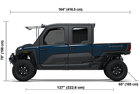 Side view of the Steely Blue 2027 Polaris RANGER CREW XD 1500 NorthStar Ultimate with height, width and length dimensions.