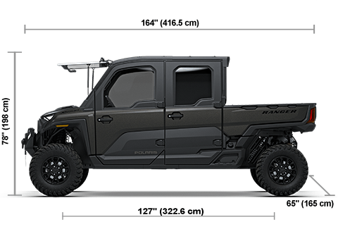 Side view of the Super Graphite 2027 Polaris RANGER CREW XD 1500 NorthStar Ultimate with height, width and length dimensions.