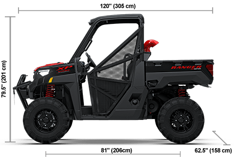 Side view of the Onyx Black with Red Accent 2027 Polaris RANGER XP 1000 Mud Edition with height, width and length dimensions.