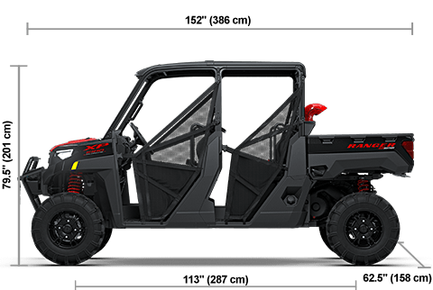 Side view of the Onyx Black with Red Accent 2027 Polaris RANGER CREW XP 1000 Mud Edition with height, width and length dimensions.