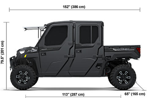 Side view of the Black Crystal 2027 Polaris RANGER CREW XP 1000 NorthStar Texas Edition with height, width and length dimensions.