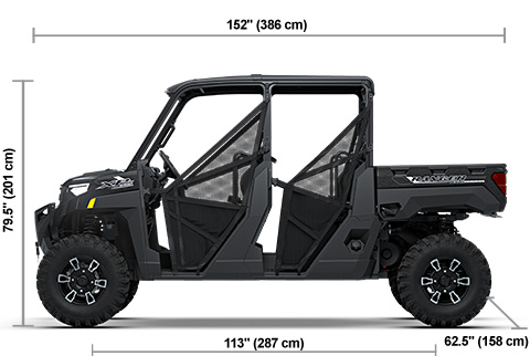 Side view of the Black Crystal 2027 Polaris RANGER CREW XP 1000 Texas Edition with height, width and length dimensions.