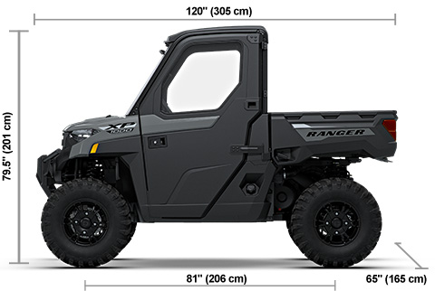 Side view of the Avalanche Gray Polaris RANGER XP 1000 CAB with height, width and length dimensions.