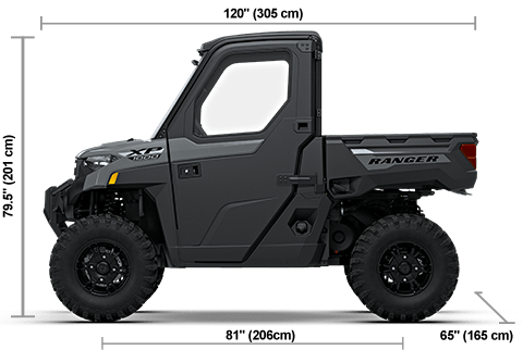 Side view of the Avalanche Gray 2027 Polaris RANGER XP 1000 CAB with height, width and length dimensions.