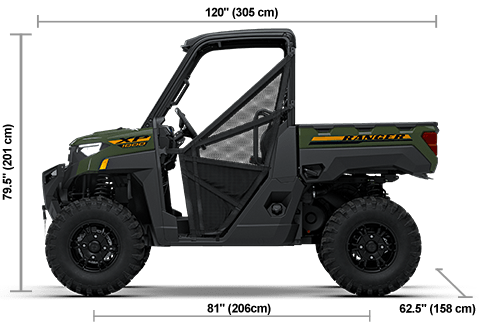 Side view of the Army Green 2027 Polaris RANGER XP 1000 Premium with height, width and length dimensions.