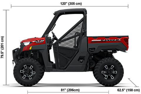 Side view of the Havasu Red Pearl 2027 Polaris RANGER XP 1000 Premium with height, width and length dimensions.