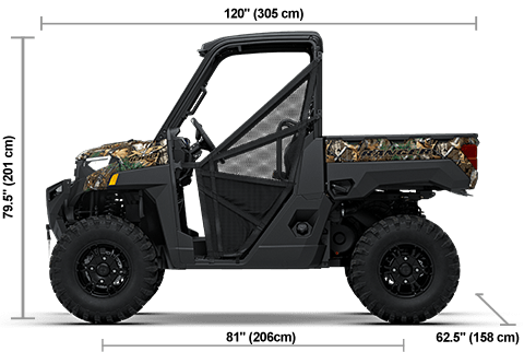 Side view of the Polaris Pursuit Camo 2027 Polaris RANGER XP 1000 Premium with height, width and length dimensions.