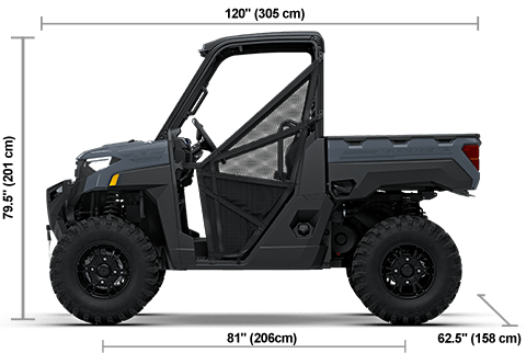 Side view of the Stealth Gray 2027 Polaris RANGER XP 1000 Premium with height, width and length dimensions.