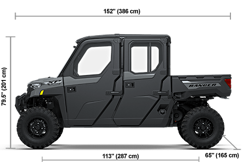 Side view of the Avalanche Gray 2027 Polaris RANGER CREW XP 1000 CAB with height, width and length dimensions.
