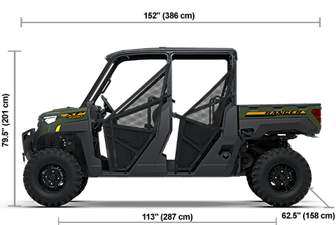 Side view of the Army Green 2027 Polaris RANGER CREW XP 1000 Premium with height, width and length dimensions.