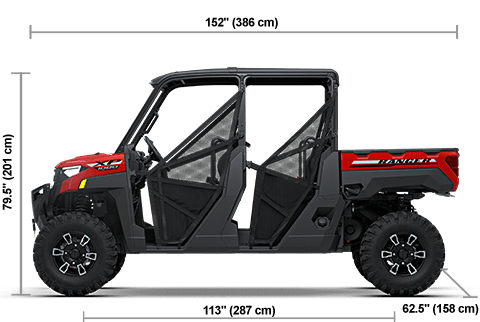 Side view of the Havasu Red Pearl 2027 Polaris RANGER CREW XP 1000 Premium with height, width and length dimensions.