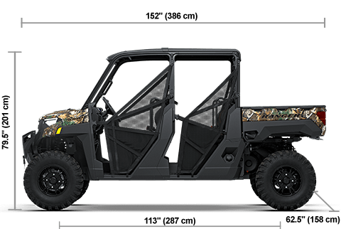 Side view of the Polaris Pursuit Camo 2027 Polaris RANGER CREW XP 1000 Premium with height, width and length dimensions.