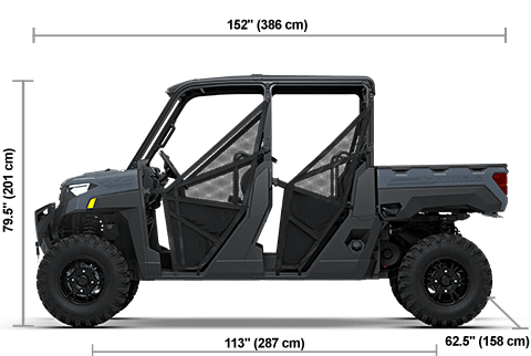 Side view of the Stealth Gray 2027 Polaris RANGER CREW XP 1000 Premium with height, width and length dimensions.