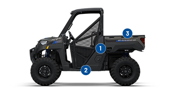 110 HP Electric Motor, 1250 lb. box capacity, and 14-inches of ground clearance on the 2027 Polaris RANGER XP Kinetic UTV.