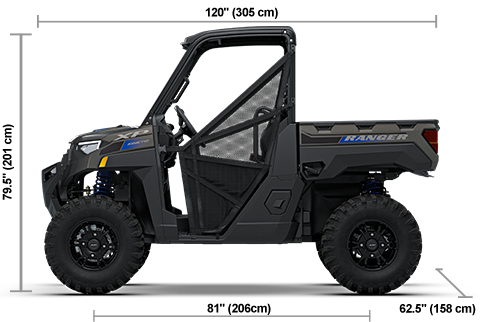 Side view of the Heavy Metal 2027 Polaris RANGER XP Kinetic Ultimate with height, width and length dimensions.