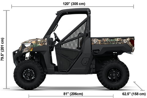 Side view of the Polaris Pursuit Camo 2027 Polaris RANGER XP Kinetic Ultimate with height, width and length dimensions.
