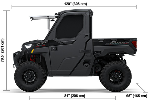 Side view of the Onyx Black Polaris RANGER XP 1000 NorthStar Trail Boss Edition with height, width and length dimensions.