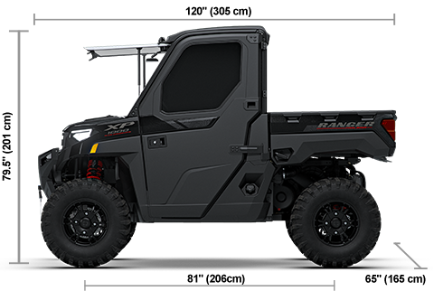 Side view of the Onyx Black 2027 Polaris RANGER XP 1000 NorthStar Trail Boss Edition with height, width and length dimensions.
