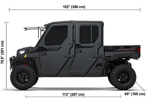 Side view of the Onyx Black 2027 Polaris RANGER CREW XP 1000 NorthStar Trail Boss Edition with height, width and length dimensions.