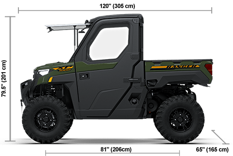 Side view of the Army Green 2027 Polaris RANGER XP 1000 NorthStar Premium with height, width and length dimensions.