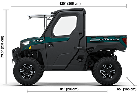 Side view of the Blue Labyrinth 2027 Polaris RANGER XP 1000 NorthStar Premium with height, width and length dimensions.