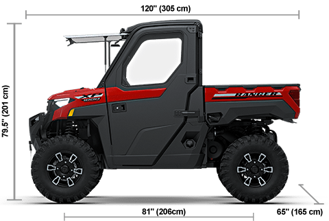 Side view of the Havasu Red Pearl 2027 Polaris RANGER XP 1000 NorthStar Premium with height, width and length dimensions.
