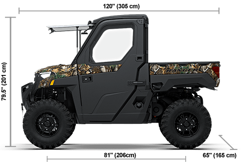 Side view of the Polaris Pursuit Camo 2027 Polaris RANGER XP 1000 NorthStar Premium with height, width and length dimensions.