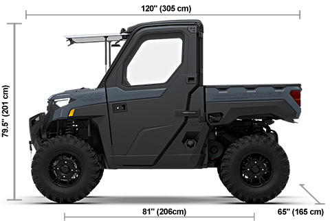 Side view of the Stealth Gray 2027 Polaris RANGER XP 1000 NorthStar Premium with height, width and length dimensions.