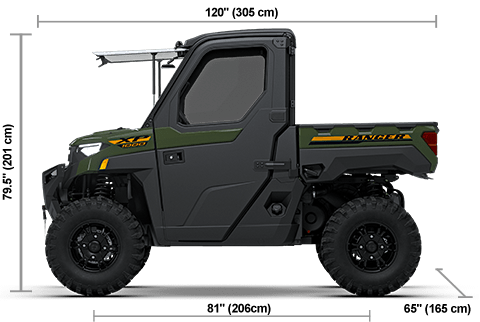 Side view of the Army Green 2027 Polaris RANGER XP 1000 NorthStar Ultimate with height, width and length dimensions.