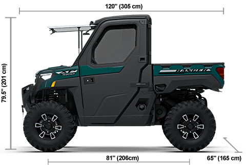 Side view of the Blue Labyrinth 2027 Polaris RANGER XP 1000 NorthStar Ultimate with height, width and length dimensions.