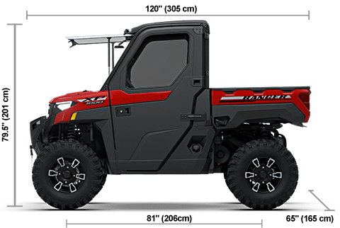 Side view of the Havasu Red Pearl 2027 Polaris RANGER XP 1000 NorthStar Ultimate with height, width and length dimensions.