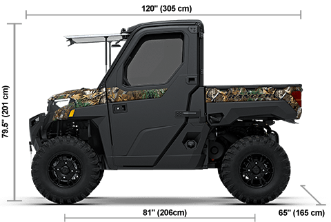 Side view of the Polaris Pursuit Camo 2027 Polaris RANGER XP 1000 NorthStar Ultimate with height, width and length dimensions.