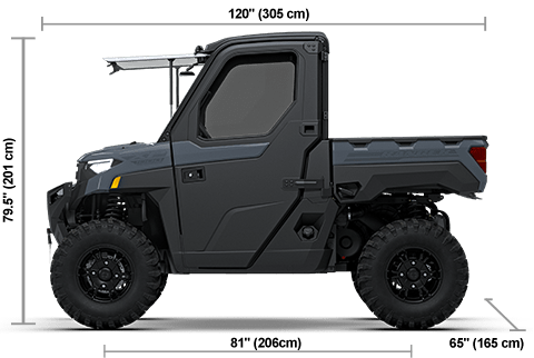Side view of the Stealth Gray 2027 Polaris RANGER XP 1000 NorthStar Ultimate with height, width and length dimensions.