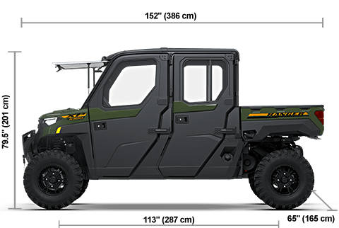 Side view of the Army Green 2027 Polaris RANGER CREW XP 1000 NorthStar Premium with height, width and length dimensions.
