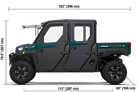 Side view of the Blue Labyrinth 2027 Polaris RANGER CREW XP 1000 NorthStar Premium with height, width and length dimensions.