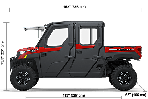 Side view of the Havasu Red Pearl 2027 Polaris RANGER CREW XP 1000 NorthStar Premium with height, width and length dimensions.