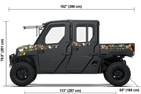 Side view of the Polaris Pursuit Camo 2027 Polaris RANGER CREW XP 1000 NorthStar Premium with height, width and length dimensions.