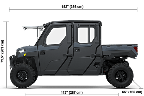 Side view of the Stealth Gray 2027 Polaris RANGER CREW XP 1000 NorthStar Premium with height, width and length dimensions.