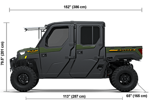 Side view of the Army Green 2027 Polaris RANGER CREW XP 1000 NorthStar Ultimate with height, width and length dimensions.