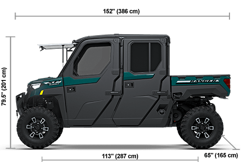 Side view of the Blue Labyrinth 2027 Polaris RANGER CREW XP 1000 NorthStar Ultimate with height, width and length dimensions.
