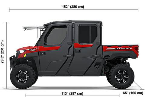 Side view of the Havasu Red Pearl 2027 Polaris RANGER CREW XP 1000 NorthStar Ultimate with height, width and length dimensions.