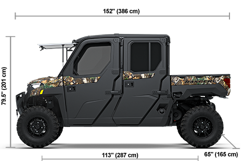 Side view of the Polaris Pursuit Camo 2027 Polaris RANGER CREW XP 1000 NorthStar Ultimate with height, width and length dimensions.