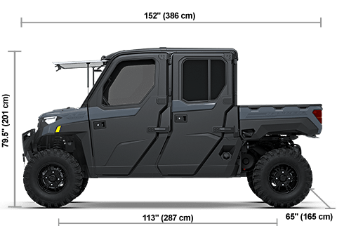 Side view of the Stealth Gray 2027 Polaris RANGER CREW XP 1000 NorthStar Ultimate with height, width and length dimensions.