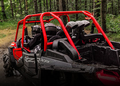 Back view of an RZR XP 1000 High Lifter going into muddy water.