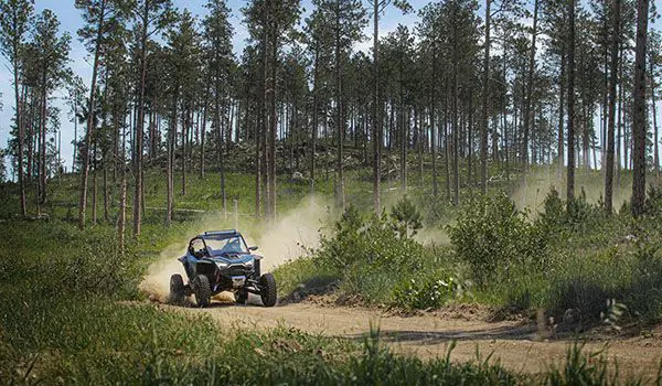 un polaris rzr pro r recorriendo un sendero forestal