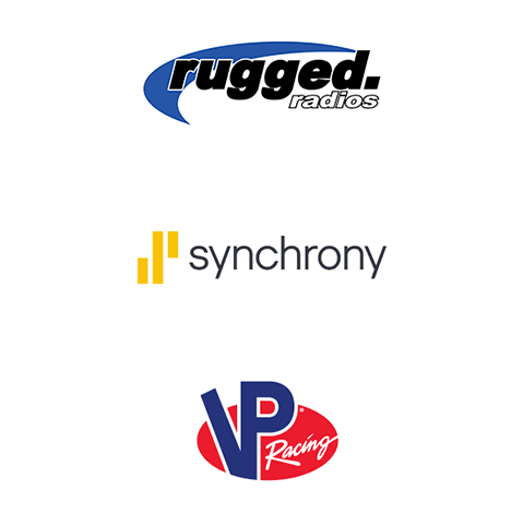 logos of Rugged Radios, Synchrony, and VP Racing