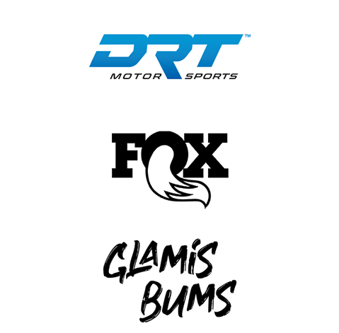 logos of DRT Motorsports, FOX, and Glamis Bums