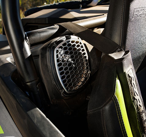 Rockford Fosgate Audio speakers installed behind the seat in a 2025 Polaris RZR XP side-by-side. 